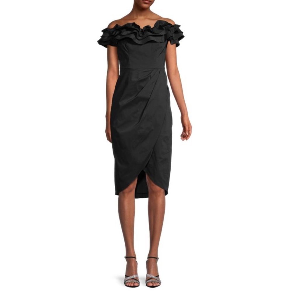 Aidan Mattox Off the Shoulder Ruffled Neck Satin Cocktail Dress